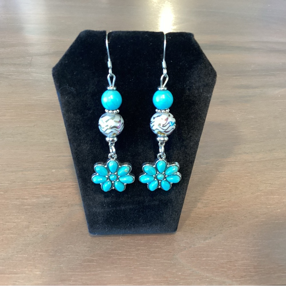 New Turquoise Flower Earrings with Multicolored Glass Beads. Artisan made.